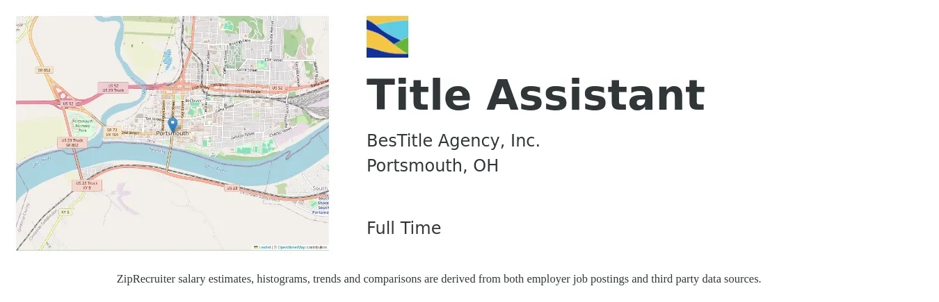 BesTitle Agency, Inc. job posting for a Title Assistant in Portsmouth, OH with a salary of $14 to $22 Hourly with a map of Portsmouth location.