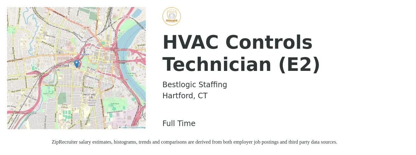 Bestlogic Staffing job posting for a HVAC Controls Technician (E2) in Hartford, CT with a salary of $30 to $40 Hourly with a map of Hartford location.