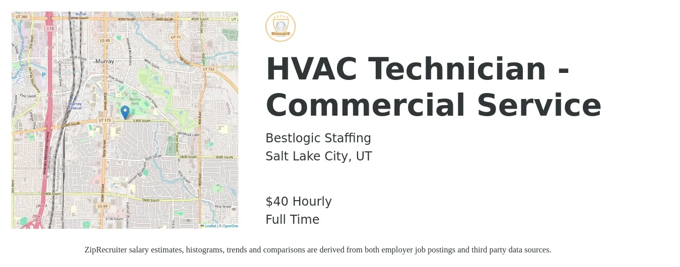Bestlogic Staffing job posting for a HVAC Technician - Commercial Service in Salt Lake City, UT with a salary of $42 Hourly with a map of Salt Lake City location.