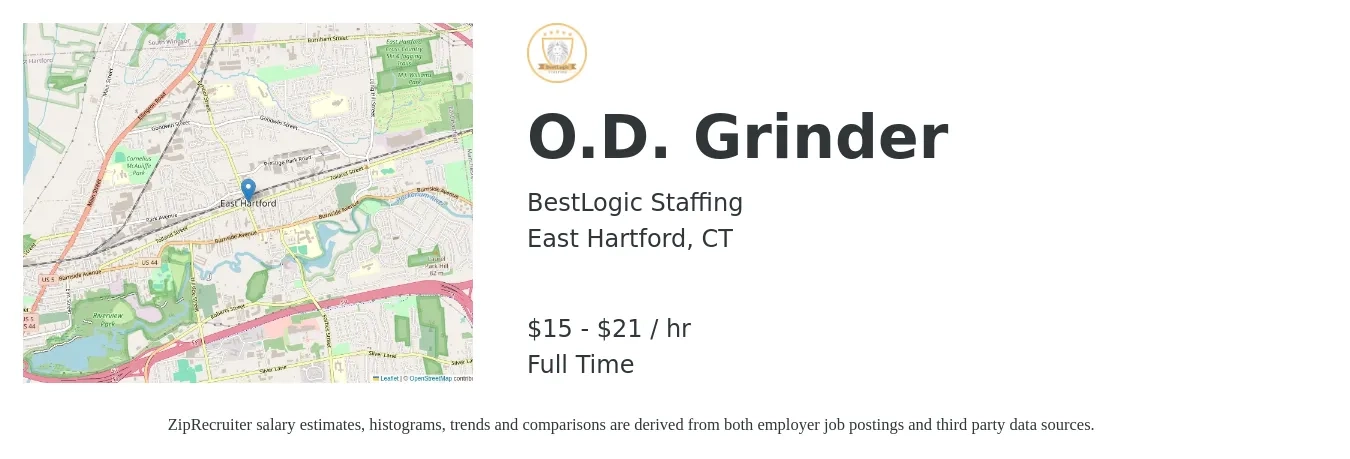 Bestlogic Staffing job posting for a O.D. Grinder in East Hartford, CT with a salary of $16 to $22 Hourly with a map of East Hartford location.