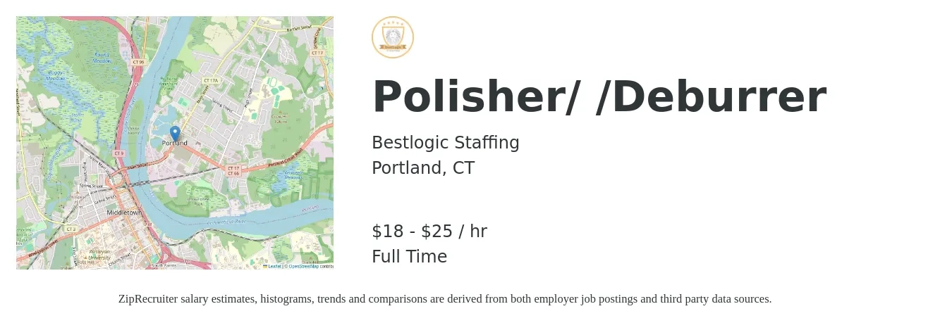 Bestlogic Staffing job posting for a Polisher/ /Deburrer in Portland, CT with a salary of $19 to $26 Hourly with a map of Portland location.