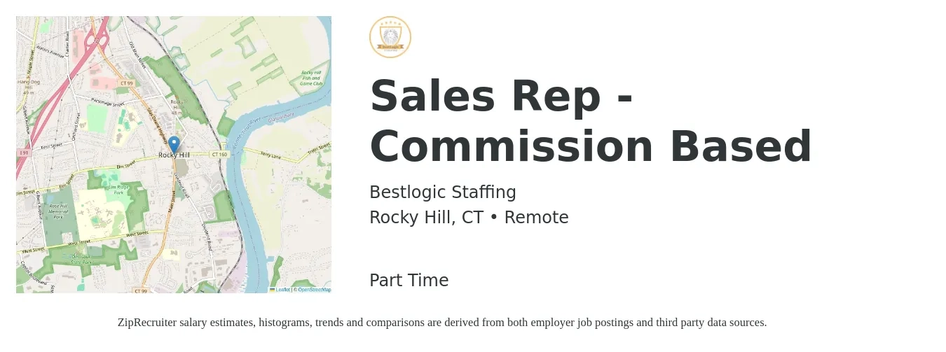 Bestlogic Staffing job posting for a Sales Rep - Commission Based in Rocky Hill, CT with a salary of $51,000 to $88,600 Yearly with a map of Rocky Hill location.