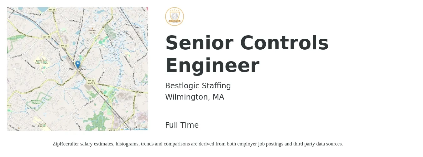 Bestlogic Staffing job posting for a Senior Controls Engineer in Wilmington, MA with a salary of $106,100 to $139,900 Yearly with a map of Wilmington location.