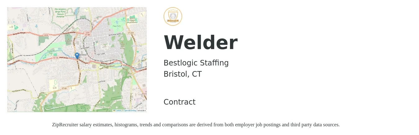 Bestlogic Staffing job posting for a Welder in Bristol, CT with a salary of $20 to $26 Hourly with a map of Bristol location.