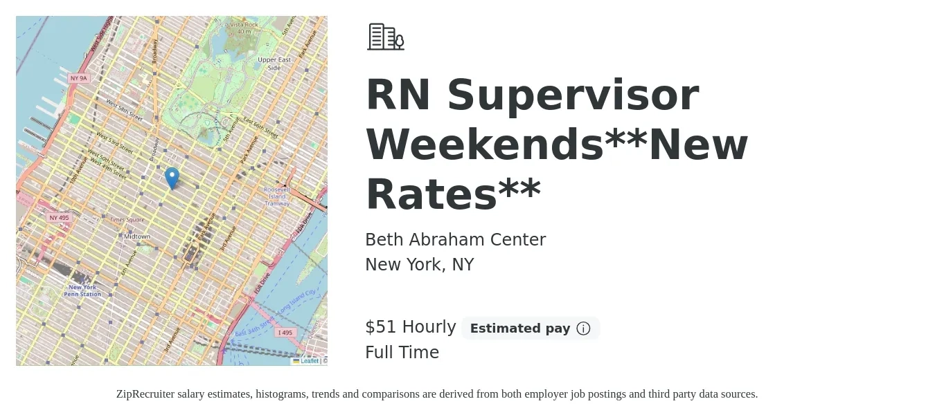 Beth Abraham Center job posting for a RN Supervisor Weekends**New Rates** in New York, NY with a salary of $54 Hourly with a map of New York location.