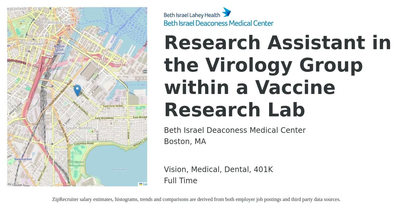Beth Israel Deaconess Medical Center job posting for a Research Assistant in the Virology Group within a Vaccine Research Lab in Boston, MA with a salary of $17 to $26 Hourly and benefits including medical, vision, 401k, dental, and life_insurance with a map of Boston location.
