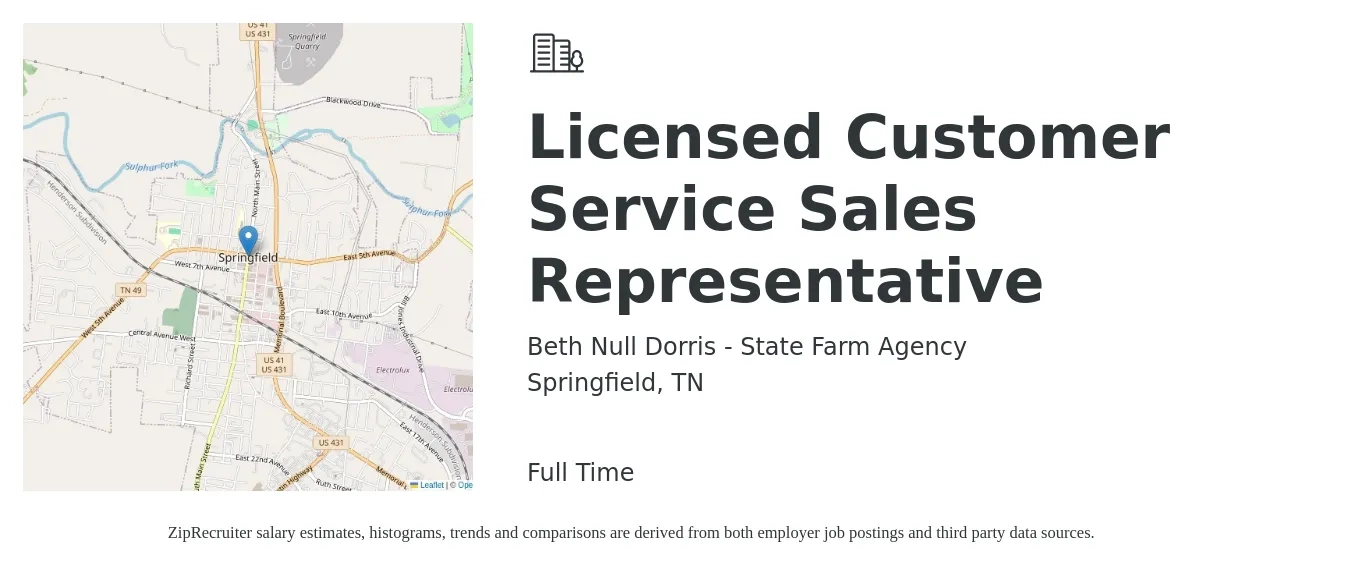 Beth Null Dorris - State Farm Agency job posting for a Licensed Customer Service Sales Representative in Springfield, TN with a salary of $17 to $26 Hourly with a map of Springfield location.