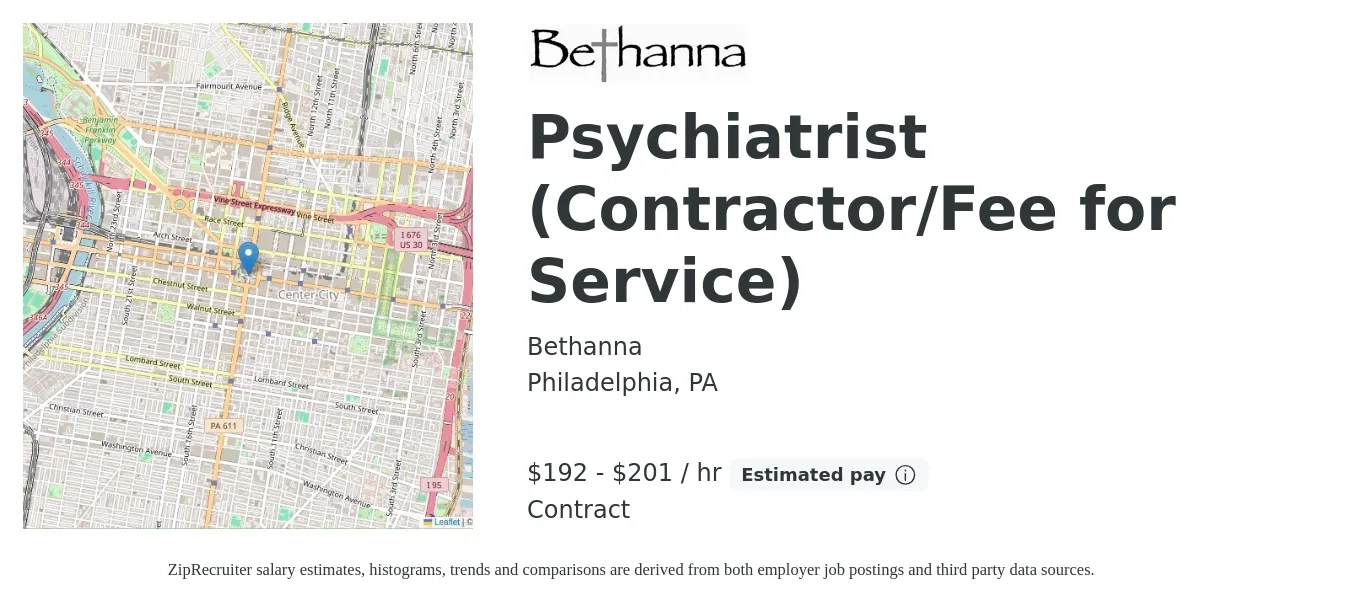 Bethanna job posting for a Psychiatrist (Contractor/Fee for Service) in Philadelphia, PA with a salary of $200 to $210 Hourly with a map of Philadelphia location.