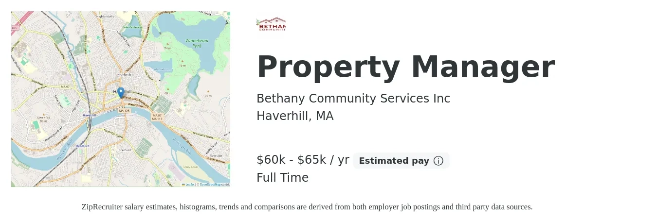 Bethany Community Services Inc job posting for a Property Manager in Haverhill, MA with a salary of $60,000 to $65,000 Yearly with a map of Haverhill location.