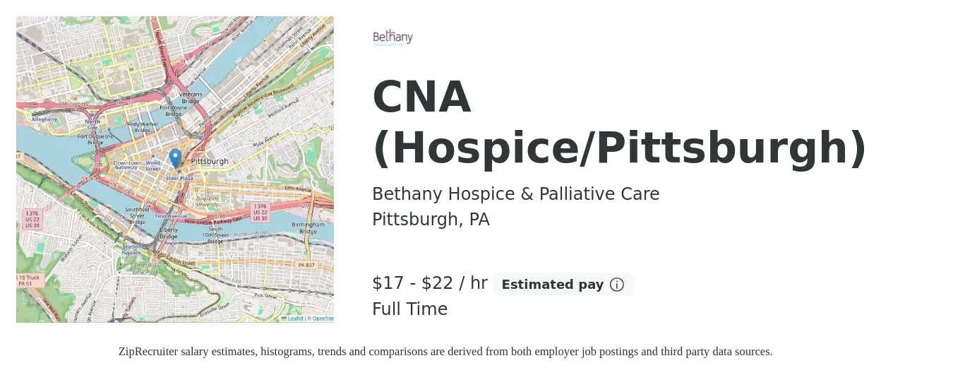 Bethany Hospice & Palliative Care job posting for a CNA (Hospice/Pittsburgh) in Pittsburgh, PA with a salary of $18 to $23 Hourly with a map of Pittsburgh location.