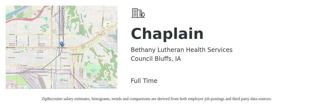 Bethany Lutheran Health Services job posting for a Chaplain in Council Bluffs, IA with a salary of $45,300 to $74,600 Yearly with a map of Council Bluffs location.