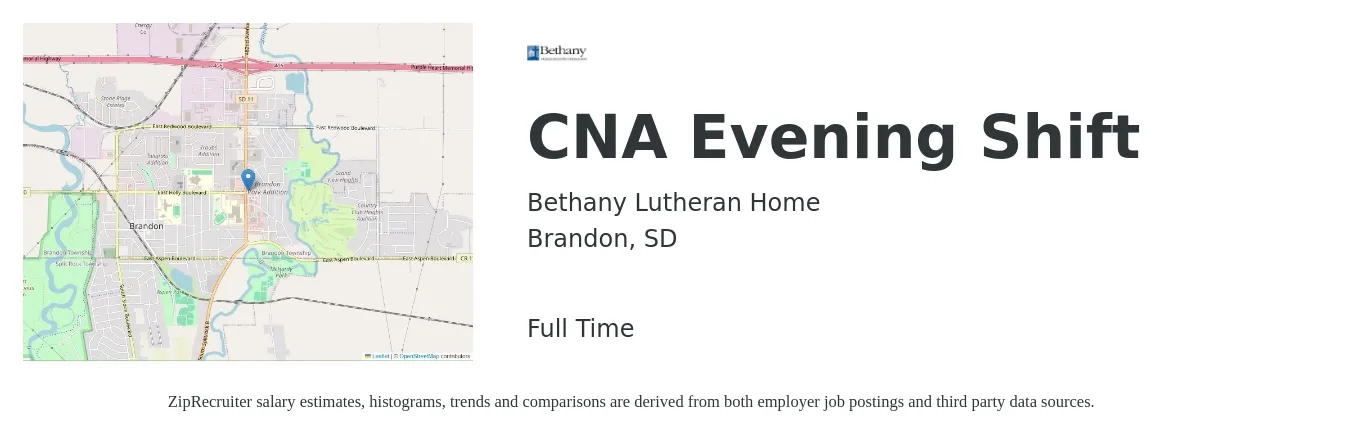 Bethany Lutheran Home job posting for a CNA Evening Shift in Brandon, SD with a salary of $17 to $24 Hourly with a map of Brandon location.