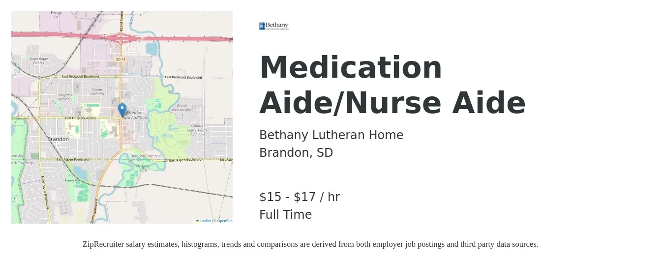Bethany Lutheran Home job posting for a Medication Aide/Nurse Aide in Brandon, SD with a salary of $17 to $20 Hourly with a map of Brandon location.