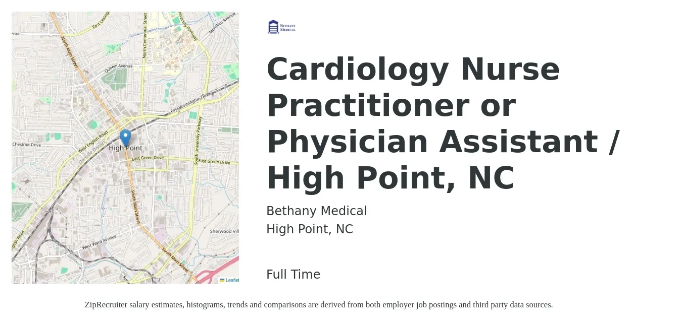 Bethany Medical job posting for a Cardiology Nurse Practitioner or Physician Assistant / High Point, NC in High Point, NC with a salary of $97,200 to $125,800 Yearly with a map of High Point location.
