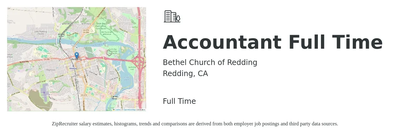Bethel Church of Redding job posting for a Accountant Full Time in Redding, CA with a salary of $38,400 to $48,000 Yearly with a map of Redding location.