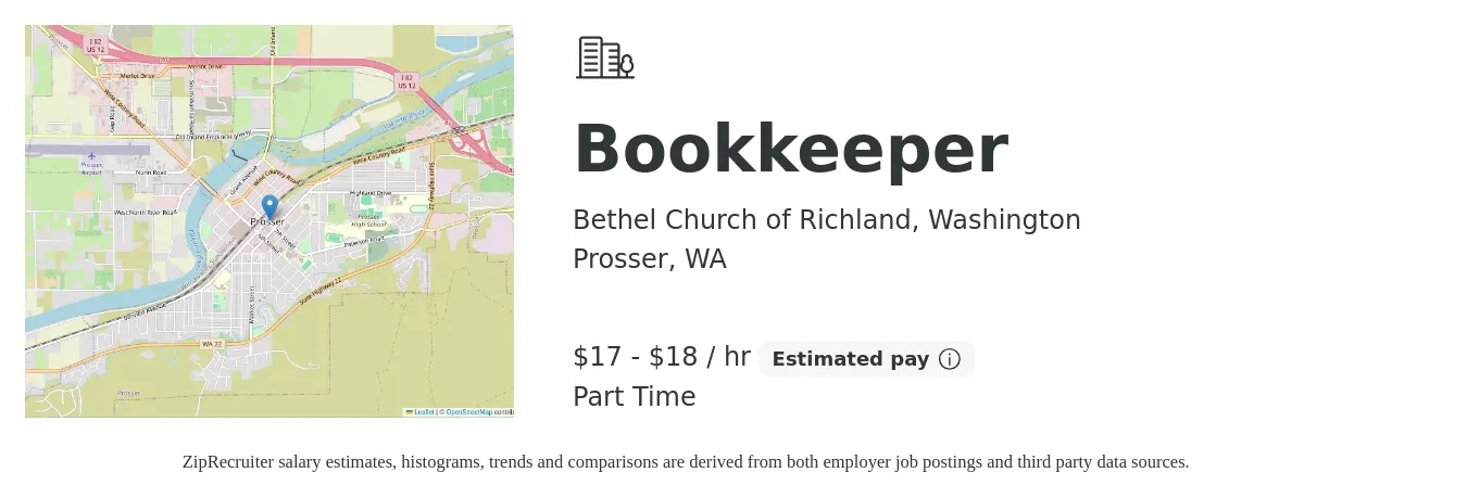 Bethel Church of Richland, Washington job posting for a Bookkeeper in Prosser, WA with a salary of $18 to $19 Hourly with a map of Prosser location.