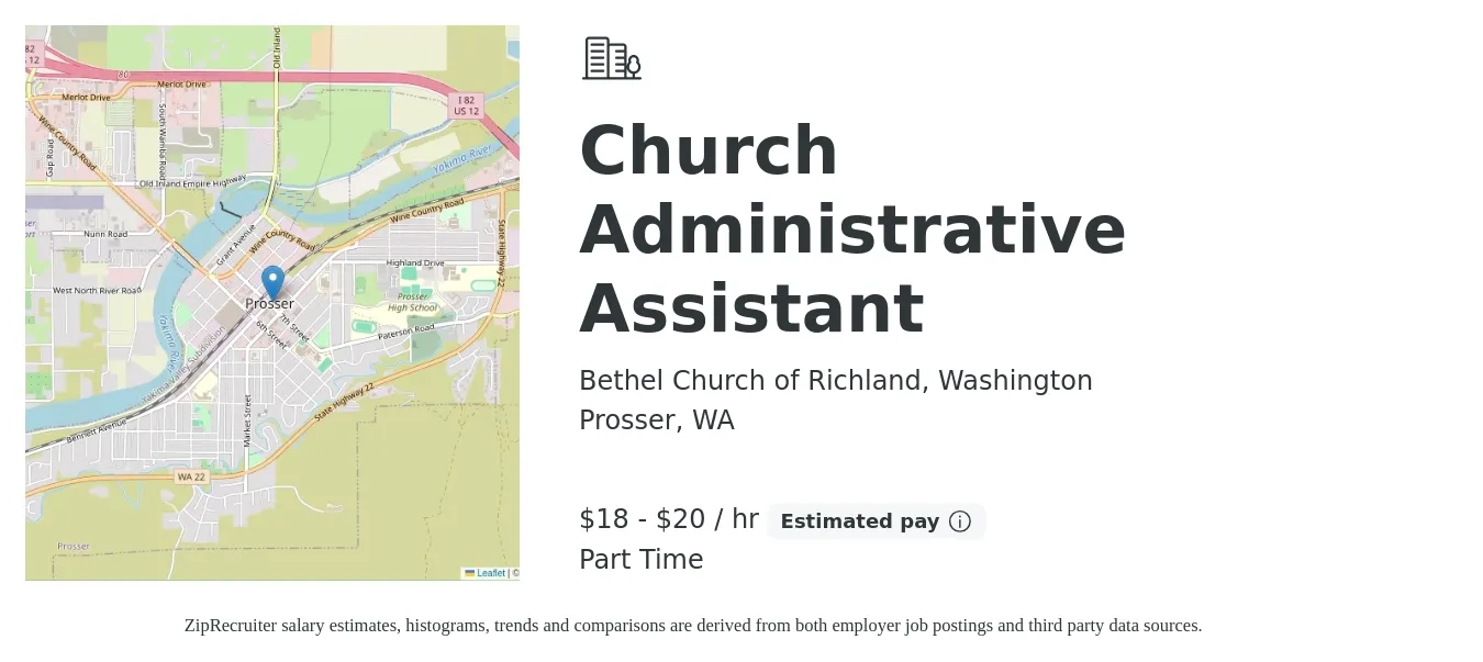 Bethel Church of Richland, Washington job posting for a Church Administrative Assistant in Prosser, WA with a salary of $19 to $21 Hourly with a map of Prosser location.