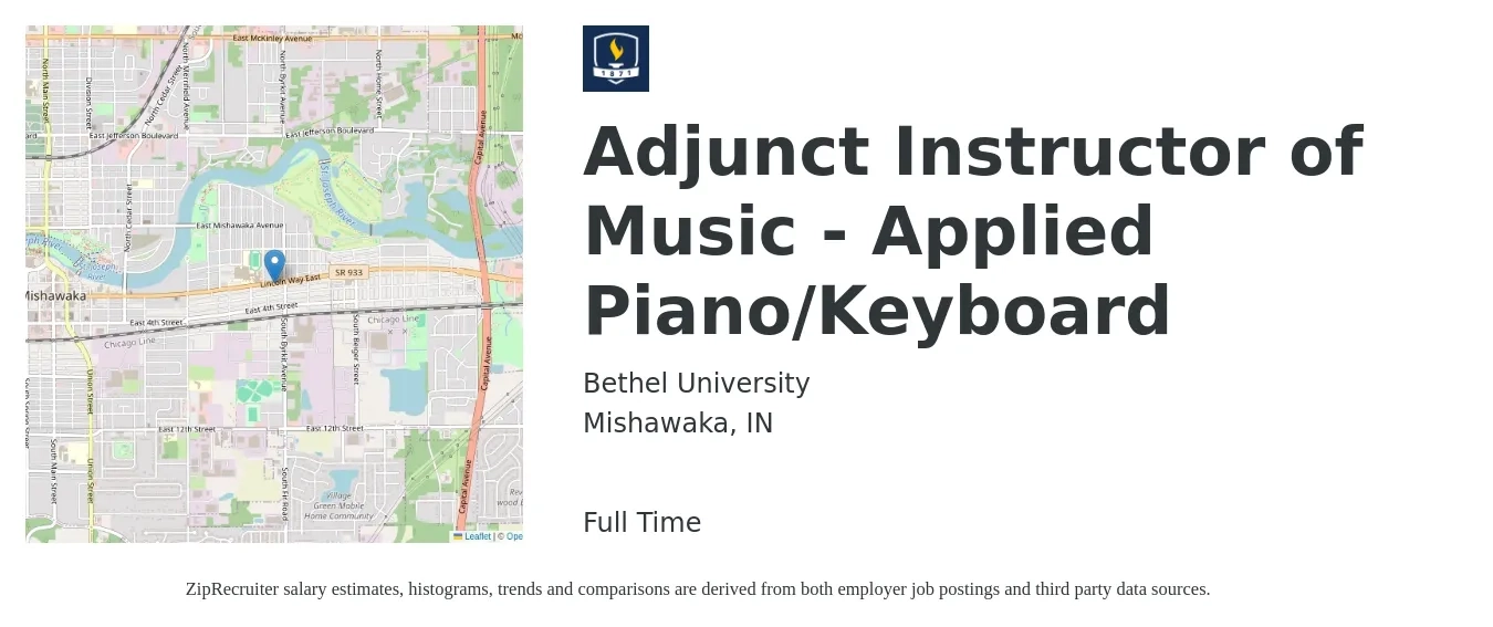Bethel University job posting for a Adjunct Instructor of Music - Applied Piano/Keyboard in Mishawaka, IN with a salary of $22 to $32 Hourly with a map of Mishawaka location.