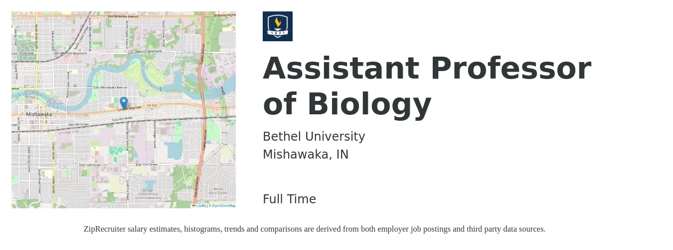 Bethel University job posting for a Assistant Professor of Biology in Mishawaka, IN with a salary of $46,300 to $62,400 Yearly with a map of Mishawaka location.