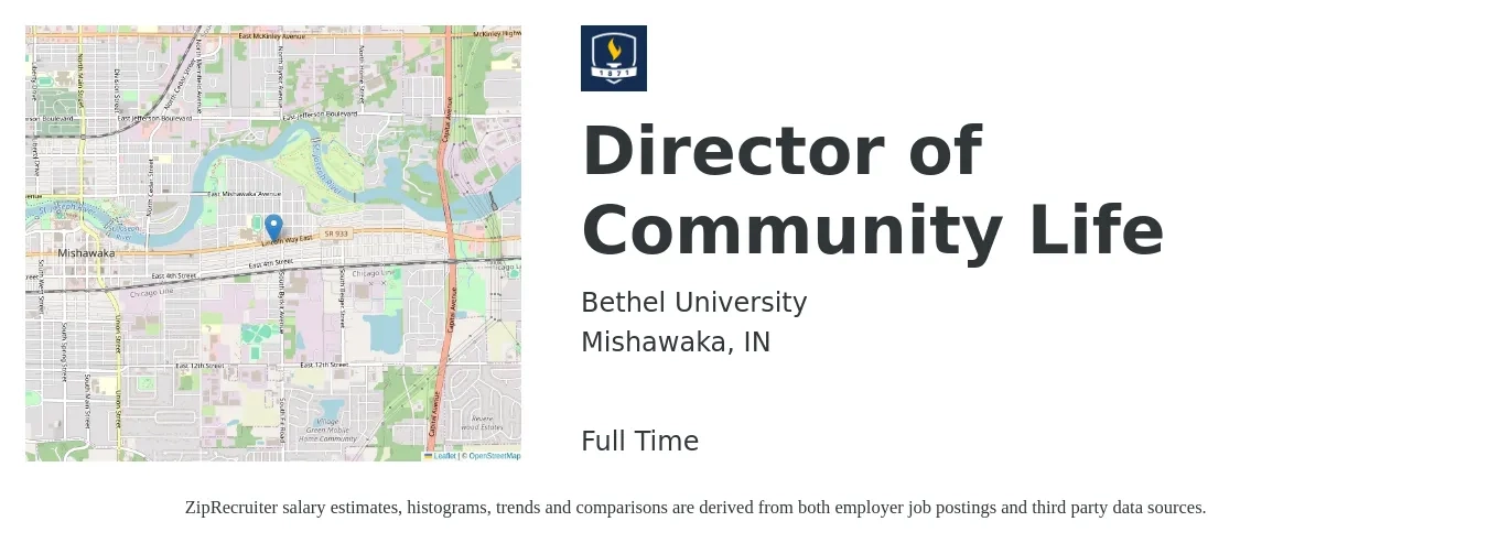 Bethel University job posting for a Director of Community Life in Mishawaka, IN with a salary of $59,600 to $82,600 Yearly with a map of Mishawaka location.