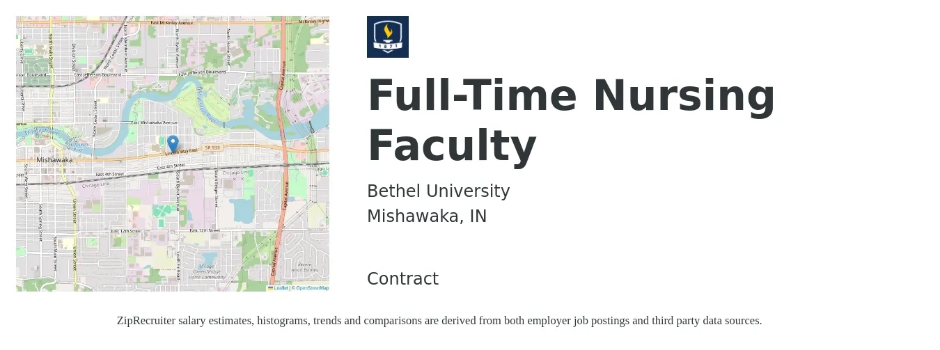 Bethel University job posting for a Full-Time Nursing Faculty in Mishawaka, IN with a salary of $69,700 to $92,600 Yearly with a map of Mishawaka location.