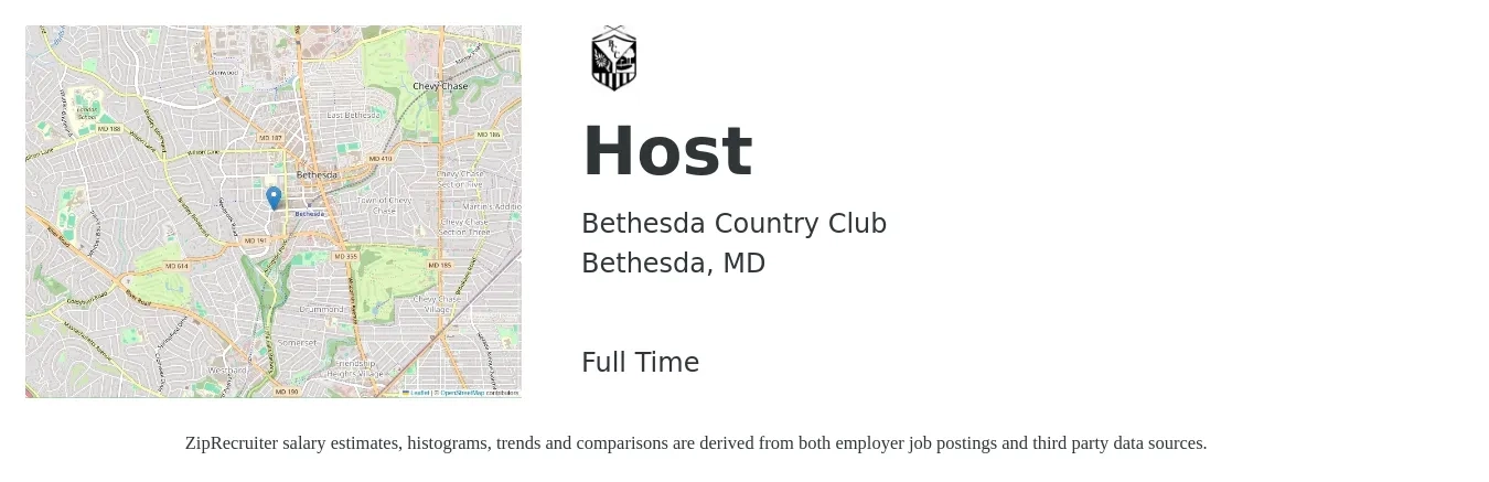 Bethesda Country Club job posting for a Host in Bethesda, MD with a salary of $13 to $18 Hourly with a map of Bethesda location.