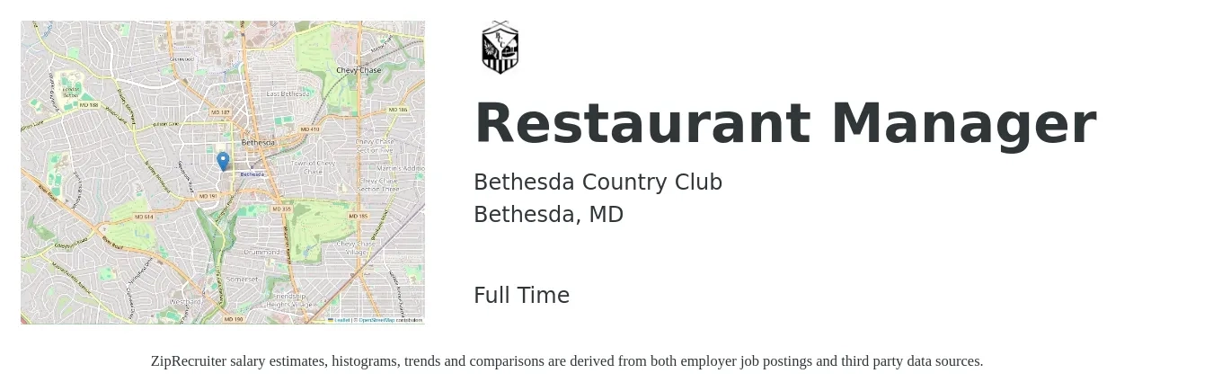 Bethesda Country Club job posting for a Restaurant Manager in Bethesda, MD with a salary of $48,200 to $68,100 Yearly with a map of Bethesda location.