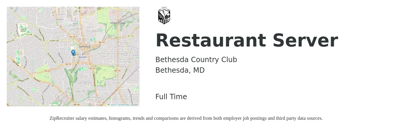 Bethesda Country Club job posting for a Restaurant Server in Bethesda, MD with a salary of $11 to $17 Hourly with a map of Bethesda location.
