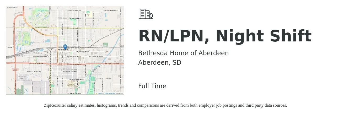 Bethesda Home of Aberdeen job posting for a RN/LPN, Night Shift in Aberdeen, SD with a salary of $27 to $36 Hourly with a map of Aberdeen location.