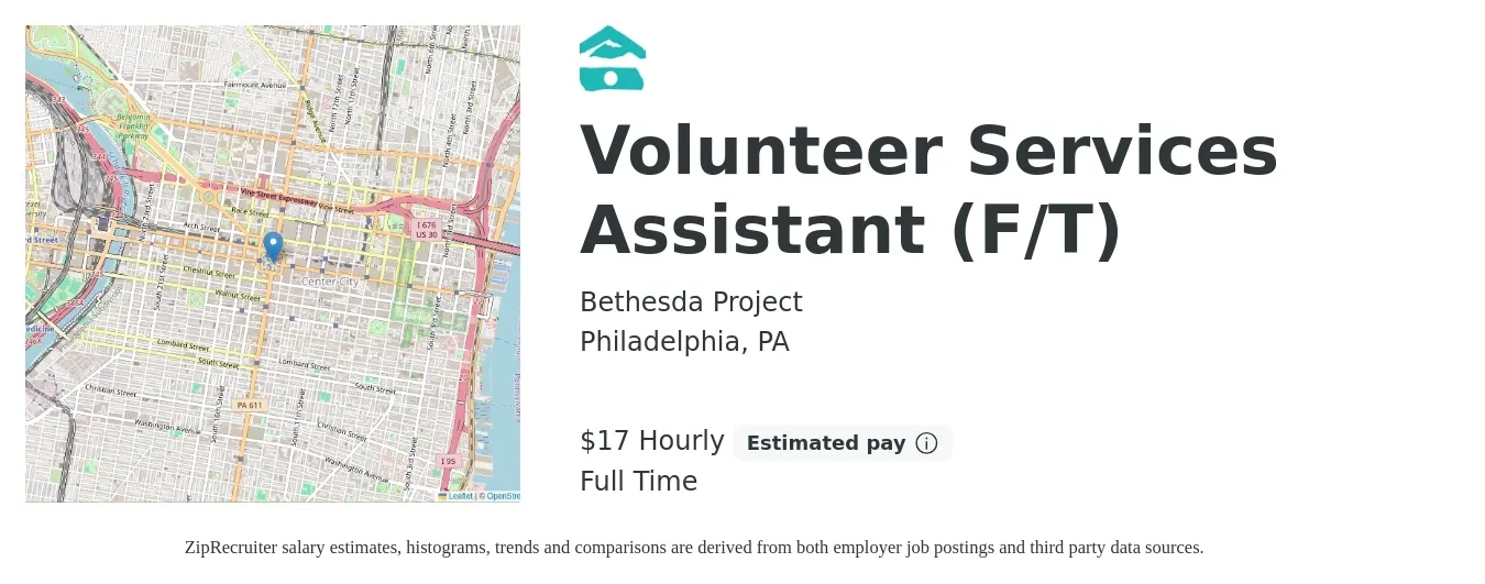 Bethesda Project job posting for a Volunteer Services Assistant (F/T) in Philadelphia, PA with a salary of $18 Hourly with a map of Philadelphia location.