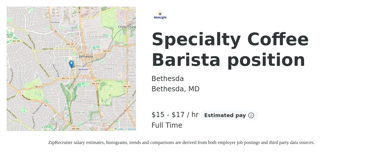 Bethesda job posting for a Specialty Coffee Barista position in Bethesda, MD with a salary of $16 to $18 Hourly with a map of Bethesda location.