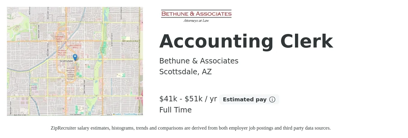 Bethune & Associates job posting for a Accounting Clerk in Scottsdale, AZ with a salary of $41,000 to $51,000 Yearly with a map of Scottsdale location.