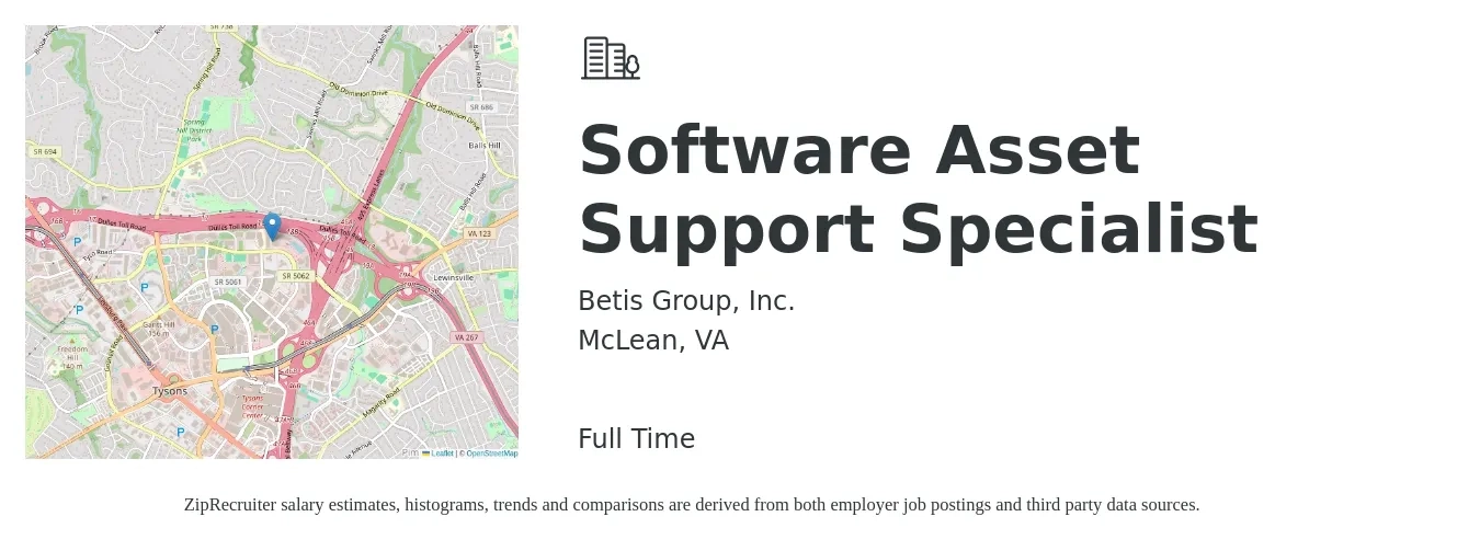 Betis Group, Inc. job posting for a Software Asset Support Specialist in McLean, VA with a salary of $47,100 to $64,900 Yearly with a map of McLean location.