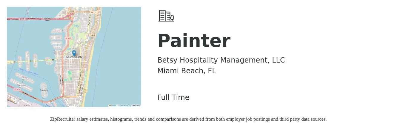 Betsy Hospitality Management, LLC job posting for a Painter in Miami Beach, FL with a salary of $18 to $25 Hourly with a map of Miami Beach location.