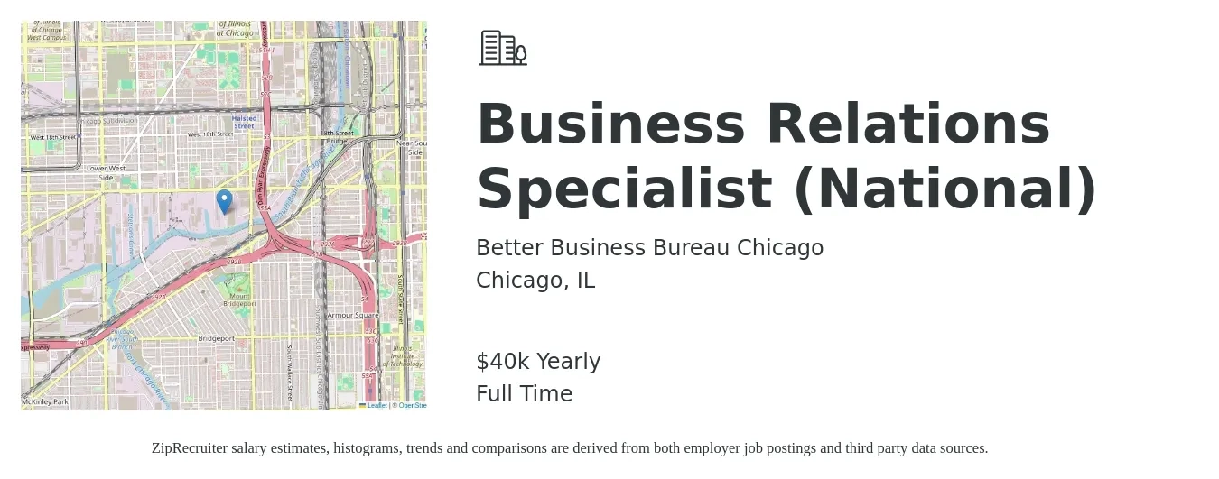 Better Business Bureau Chicago job posting for a Business Relations Specialist (National) in Chicago, IL with a salary of $40,000 Yearly with a map of Chicago location.