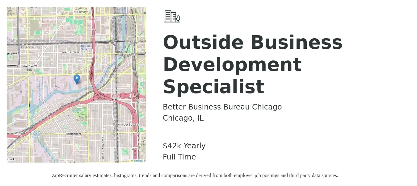 Better Business Bureau Chicago job posting for a Outside Business Development Specialist in Chicago, IL with a salary of $42,000 Yearly with a map of Chicago location.