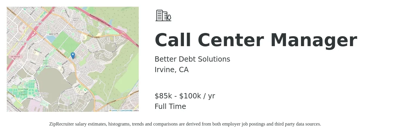 Better Debt Solutions job posting for a Call Center Manager in Irvine, CA with a salary of $85,000 to $100,000 Yearly with a map of Irvine location.