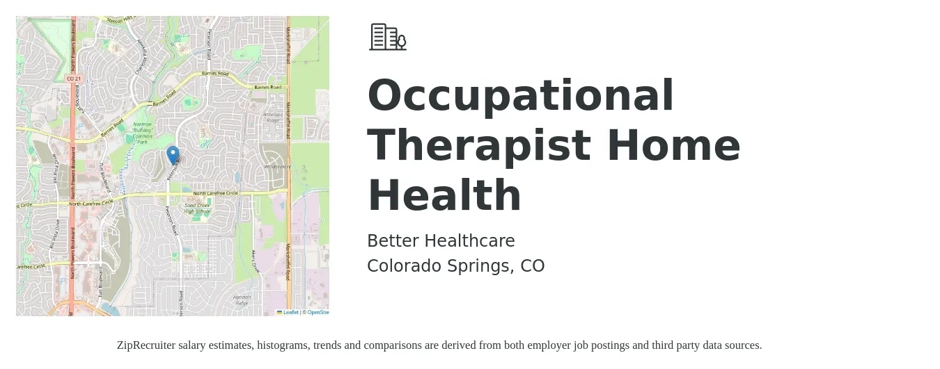 Better Healthcare job posting for a Occupational Therapist Home Health in Colorado Springs, CO with a salary of $90,000 to $117,000 Yearly and benefits including pto, retirement, vision, dental, life_insurance, and medical with a map of Colorado Springs location.