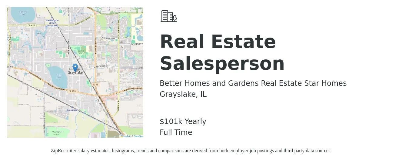 Better Homes and Gardens Real Estate Star Homes job posting for a Real Estate Salesperson in Grayslake, IL with a salary of $101,500 Yearly with a map of Grayslake location.