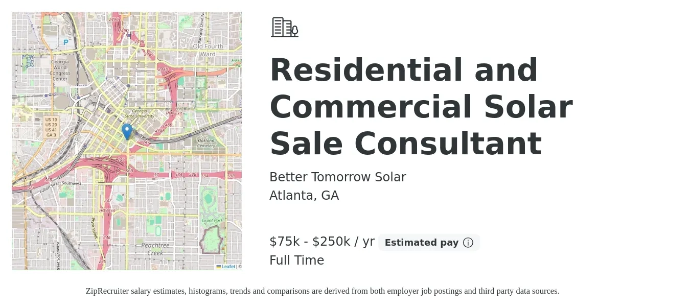 Better Tomorrow Solar job posting for a Residential and Commercial Solar Sale Consultant in Atlanta, GA with a salary of $75,000 to $250,000 Yearly with a map of Atlanta location.