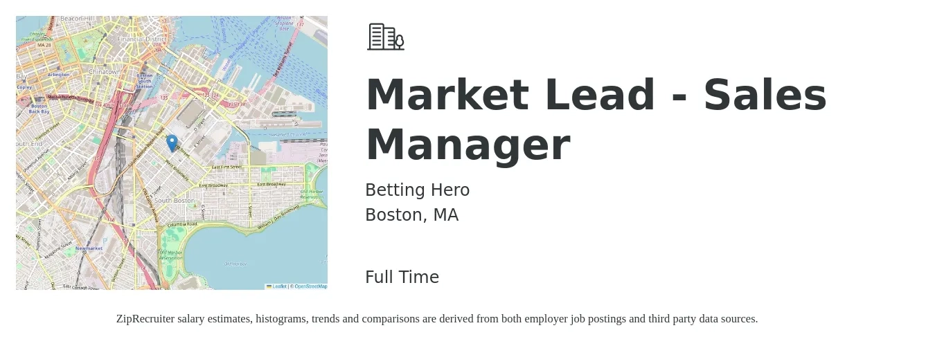 Betting Hero job posting for a Market Lead - Sales Manager in Boston, MA with a salary of $51,600 to $86,400 Yearly with a map of Boston location.