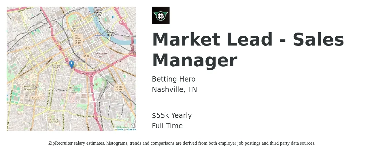 Betting Hero job posting for a Market Lead - Sales Manager in Nashville, TN with a salary of $55,000 Yearly with a map of Nashville location.