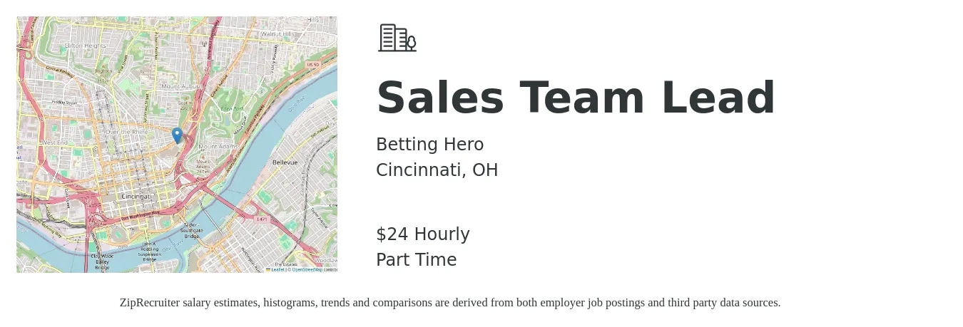 Betting Hero job posting for a Sales Team Lead in Cincinnati, OH with a salary of $25 Hourly with a map of Cincinnati location.