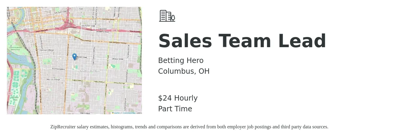 Betting Hero job posting for a Sales Team Lead in Columbus, OH with a salary of $25 Hourly with a map of Columbus location.