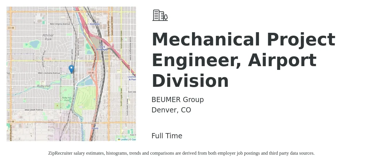 BEUMER Group job posting for a Mechanical Project Engineer, Airport Division in Denver, CO with a salary of $70,000 to $90,000 Yearly with a map of Denver location.