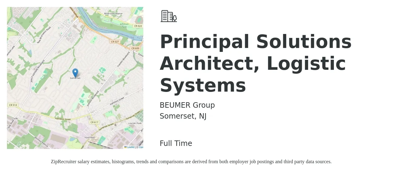 BEUMER Group job posting for a Principal Solutions Architect, Logistic Systems in Somerset, NJ with a salary of $124,100 to $165,900 Yearly with a map of Somerset location.