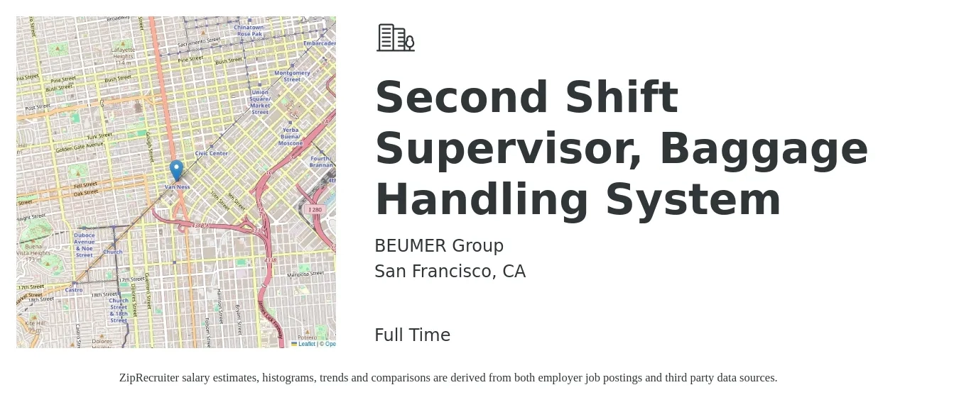 BEUMER Group job posting for a Second Shift Supervisor, Baggage Handling System in San Francisco, CA with a salary of $58 Hourly with a map of San Francisco location.
