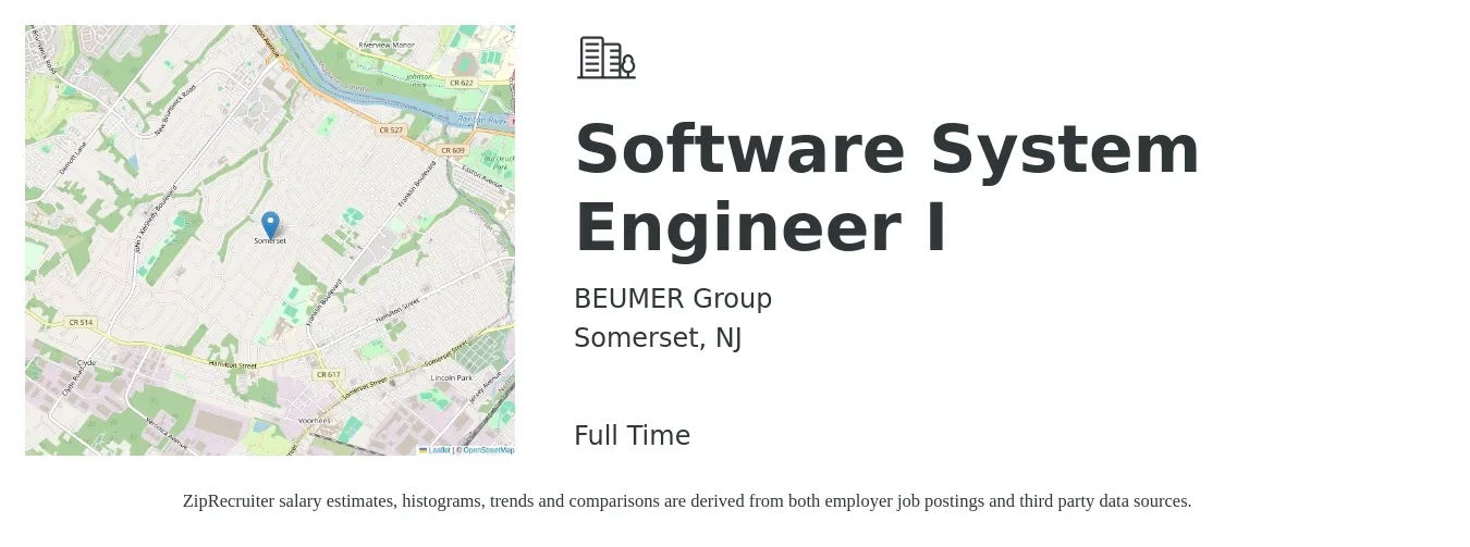 BEUMER Group job posting for a Software System Engineer I in Somerset, NJ with a salary of $126,800 to $182,800 Yearly with a map of Somerset location.