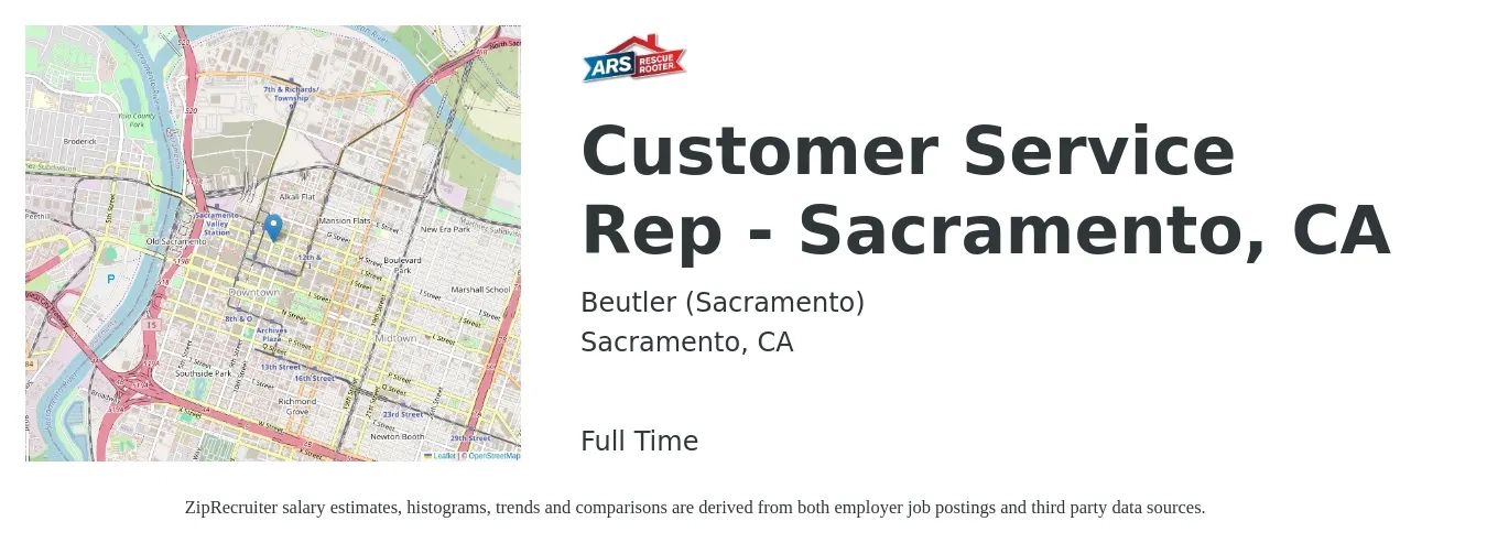 Beutler (Sacramento) job posting for a Customer Service Rep - Sacramento, CA in Sacramento, CA with a salary of $17 to $23 Hourly with a map of Sacramento location.