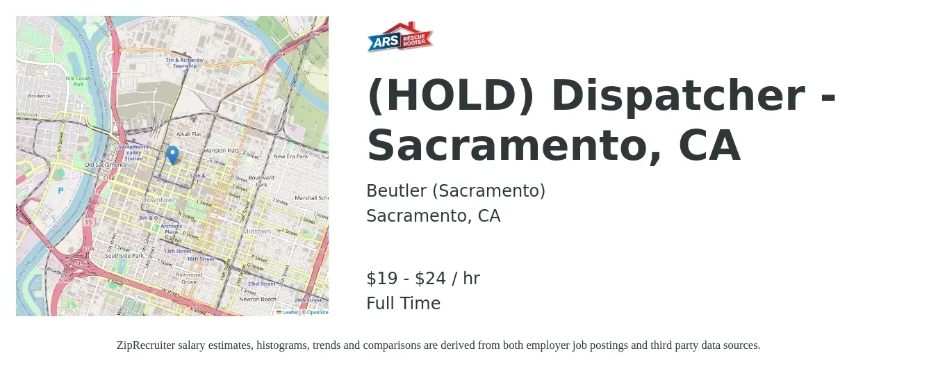 Beutler (Sacramento) job posting for a (HOLD) Dispatcher - Sacramento, CA in Sacramento, CA with a salary of $20 to $25 Hourly with a map of Sacramento location.
